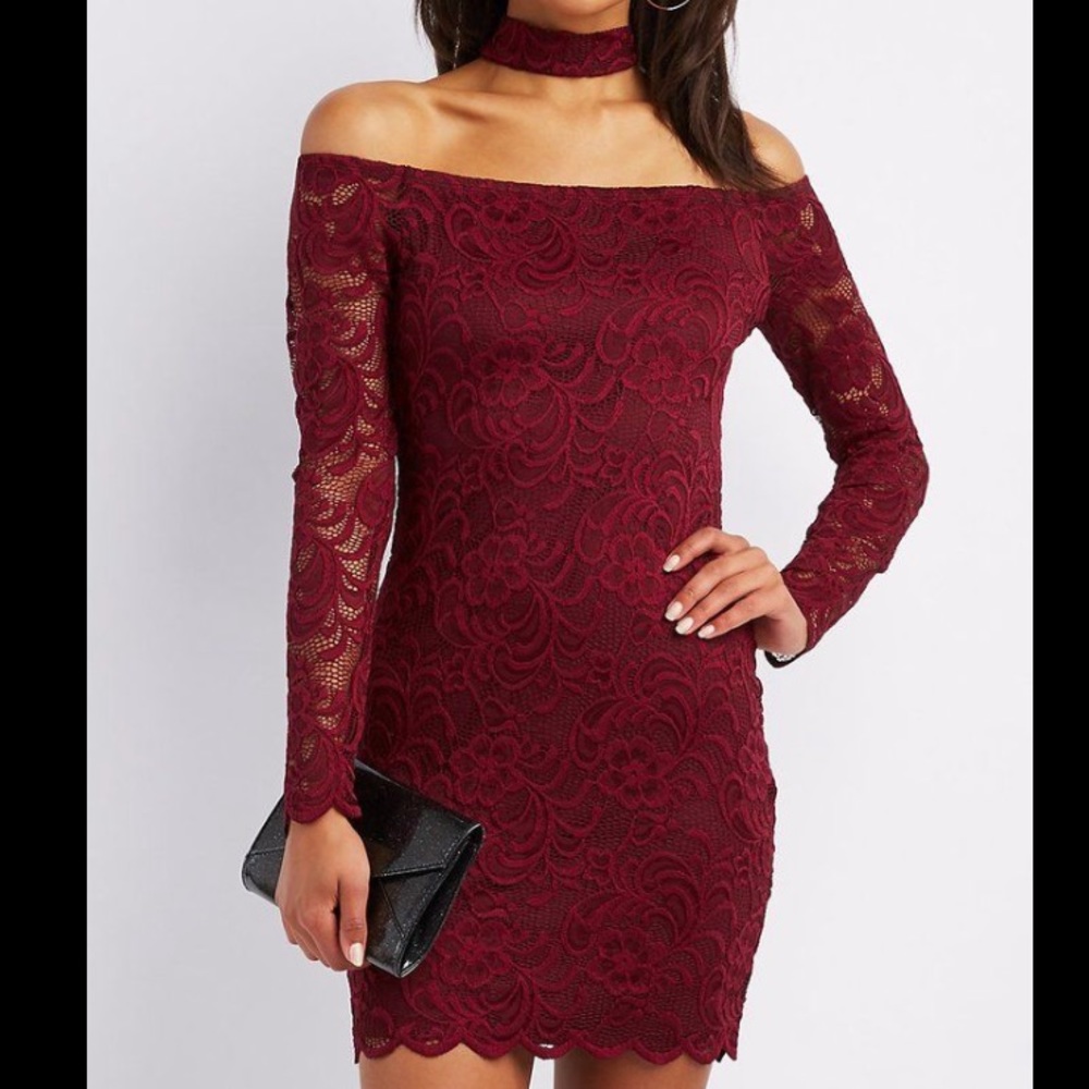 Date night dress💋Maroon strapless lace bodycon dress with choker